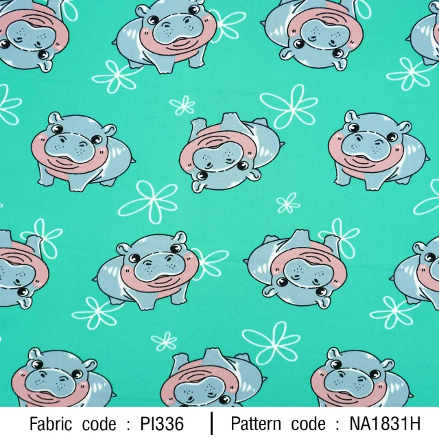 ลายพิมพ์ ฮิปโปน้อยสลับดอกไม้